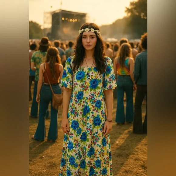 💙🩵💚Vintage, gorgeous floral, handmade caftan dress maxi mumu white blue - Picture 2 of 11